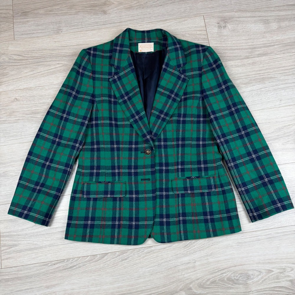 Pendleton Vintage Green Plaid Wool Blazer Jacket Made in USA Size 10‎